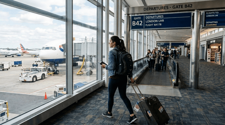 Traveler walking toward Gate B42 for a London Heathrow flight