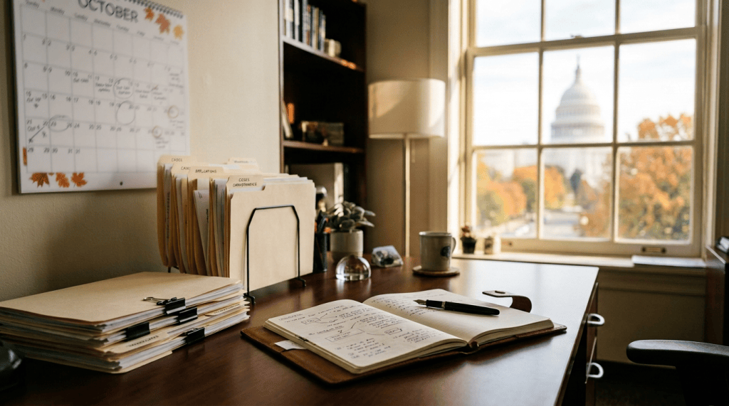 Open notebook and organized files on desk overlooking the Capitol dome