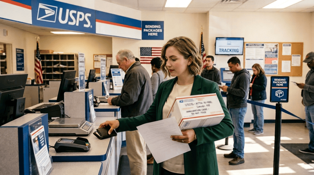 Customer holding a Priority Mail package and paperwork at a USPS counter